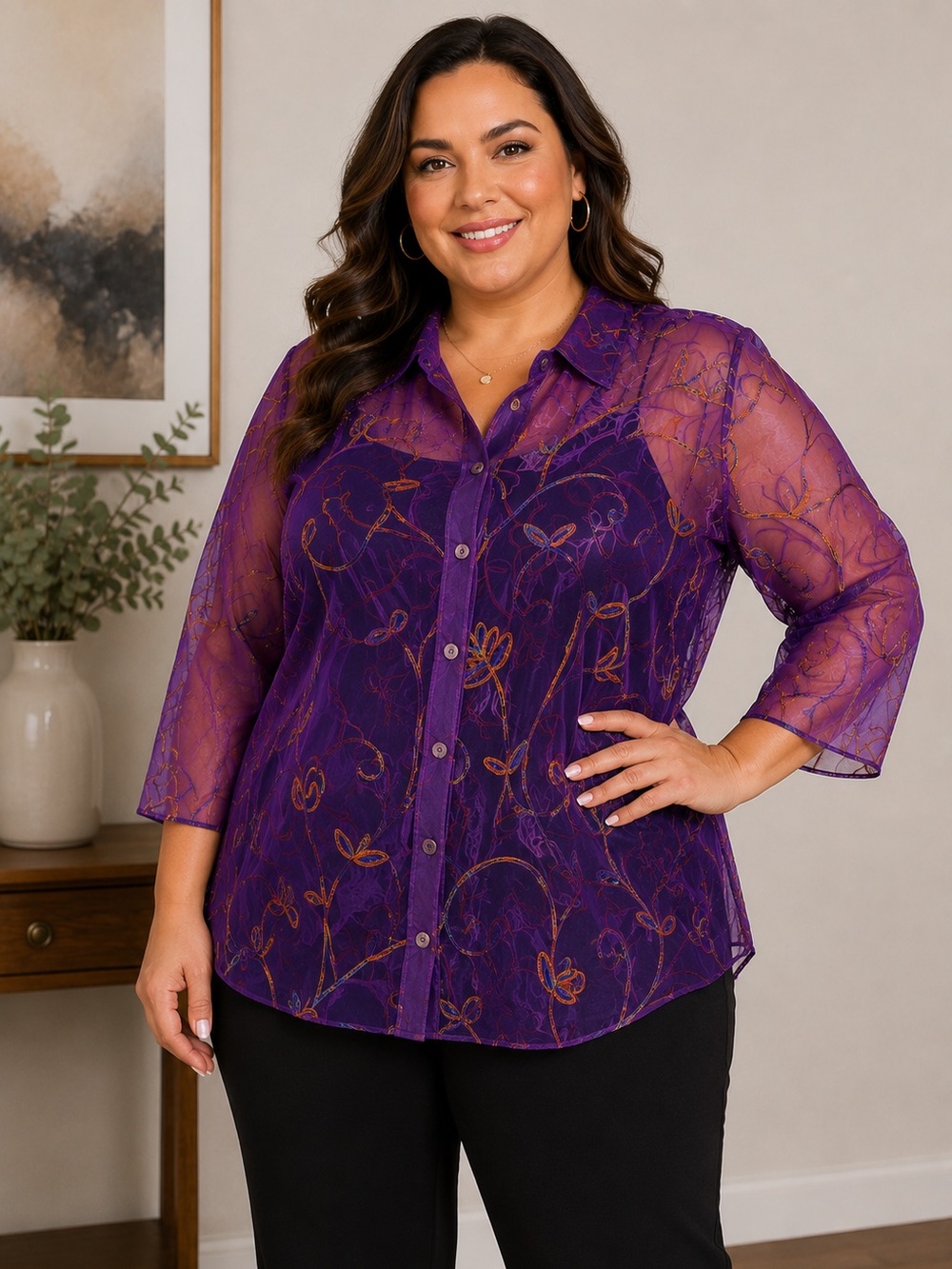 CloTHes Woman 1X Purple Embroidered Organza Jacket Sheer Floral Button Front Top